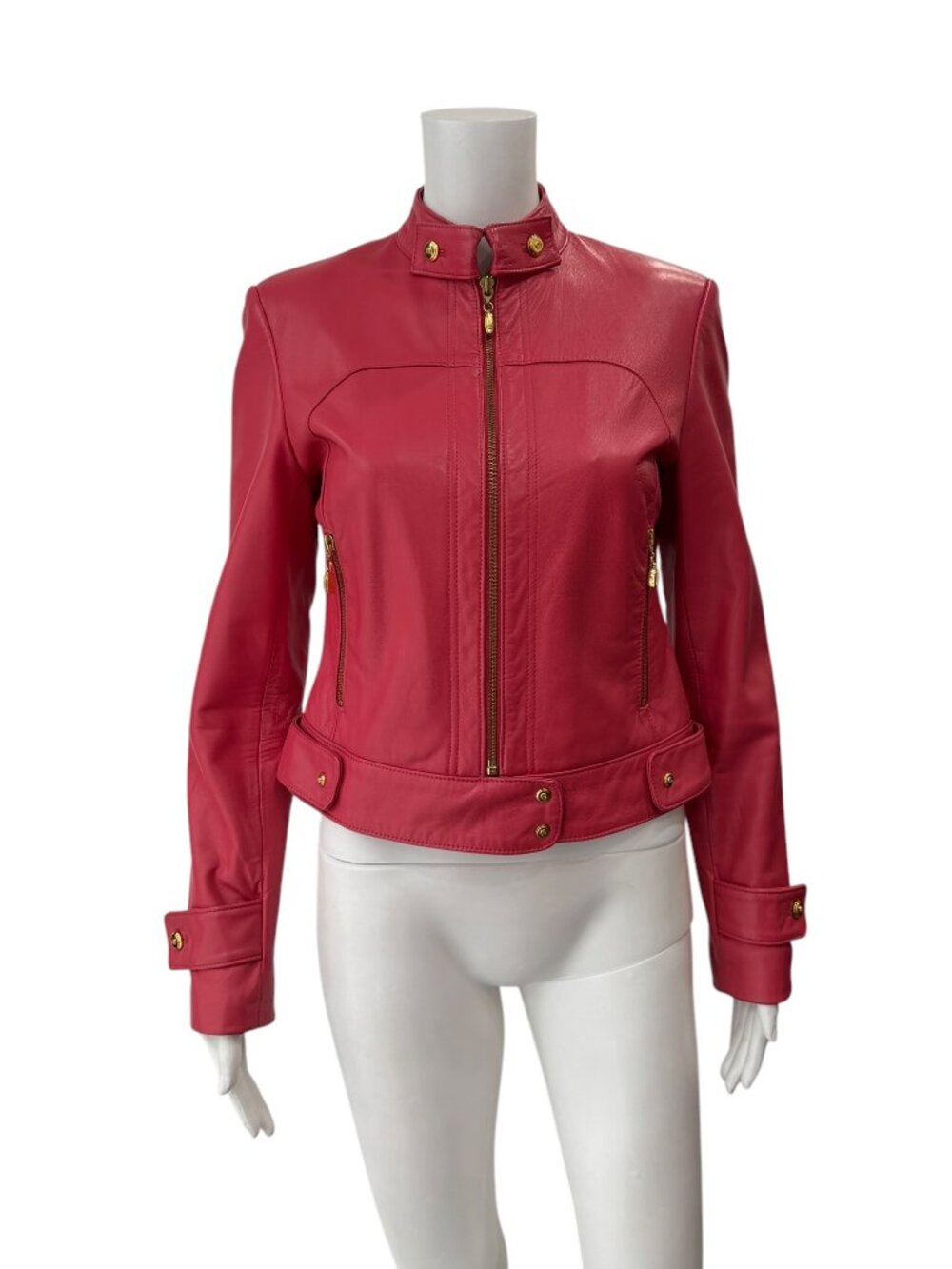 St. John Coral Red Pink Leather Short Moto Jacket size Petite
